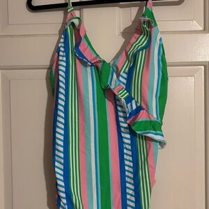 Kids One-Piece Swimsuit in Green, Pink & Blue Stripe
